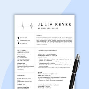 May include: A resume for Julia Reyes, a Registered Nurse, with contact information, profile, licensure, certifications, professional experience, and education details. The resume is black and white with a minimalist design.