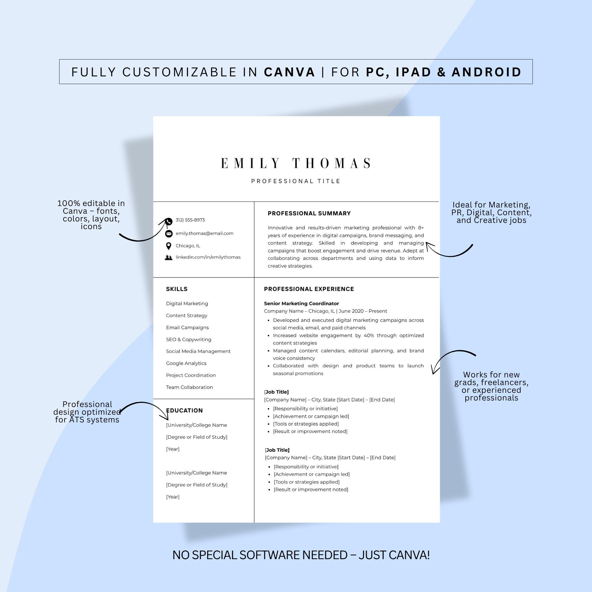 Professional Resume Template Canva: Modern CV & Cover Letter - Etsy