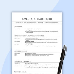 May include: A resume titled "AMELIA K. HARTFORD" with contact information, education, leadership, extracurricular activities, awards, volunteer experience, and technical skills. The document is white with black text.