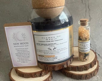 New Moon Ritual Candle Set – Myrrh Scented Soy Candle with Spell Salt  Jar & Manifestation Card – Moon Magic Gift – Intention Setting Kit