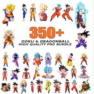 Könnte beinhalten: Eine digitale Sammlung von über 350 hochwertigen Goku- und Dragonball-PNG-Bildern mit verschiedenen Charakteren in unterschiedlichen Posen, Outfits und Transformationen in leuchtenden Farben, inklusive Text 350+ GOKU & DRAGONBALL HIGH QUALITY PNG BUNDLE.