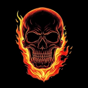May include: A detailed illustration of a skull engulfed in flames. The skull is black with red and orange highlights, and the flames are a vibrant mix of red, orange, and yellow against a black background. The design is bold and striking.