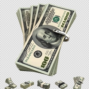 Puede incluir: Montones de billetes de cien dólares estadounidenses, sujetos con un clip plateado. Se muestran varios montones de billetes más pequeños debajo.
