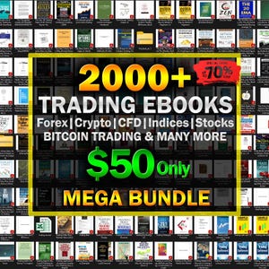Op de afbeelding: Een promotieafbeelding voor een mega bundel van meer dan 2000 trading ebooks. De afbeelding toont een raster van boekomslagen met de tekst "2000+ TRADING EBOOKS" en "$50 only". Onderwerpen zijn Forex, Crypto, CFD, Indices, Stocks en Bitcoin trading.