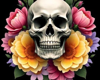 Floral Skull Sublimation Clipart | Watercolor Skull Flowers 2 PNG | Gothic Boho Skull Art | 300 DPI Digital Download for Printing