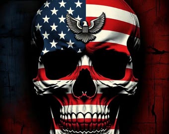 Disegno del teschio della bandiera americana / Grafica a mezzitoni del teschio patriottico / Arte del teschio del motociclista per maglietta nera / Clipart del teschio degli Stati Uniti / Sublimazione del teschio PNG