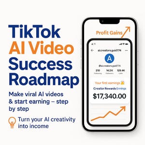 May include: A smartphone displays a social media profile with the text "Your first earnings" and a graph showing profit gains. The image also features the text "TikTok AI Video Success Roadmap" and instructions to make viral videos.