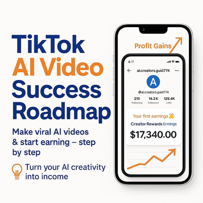 May include: A smartphone displays a social media profile with the text "Your first earnings" and a graph showing profit gains. The image also features the text "TikTok AI Video Success Roadmap" and instructions to make viral videos.