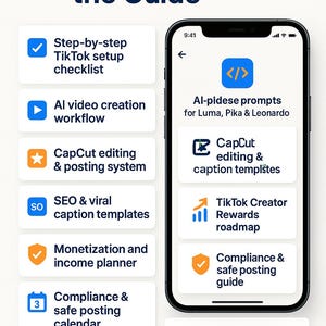 May include: A smartphone screen displays a guide with information on creating viral TikTok videos. The guide includes checklists, workflows, templates, and tips for monetization and compliance. The title is "What's Inside the Guide."