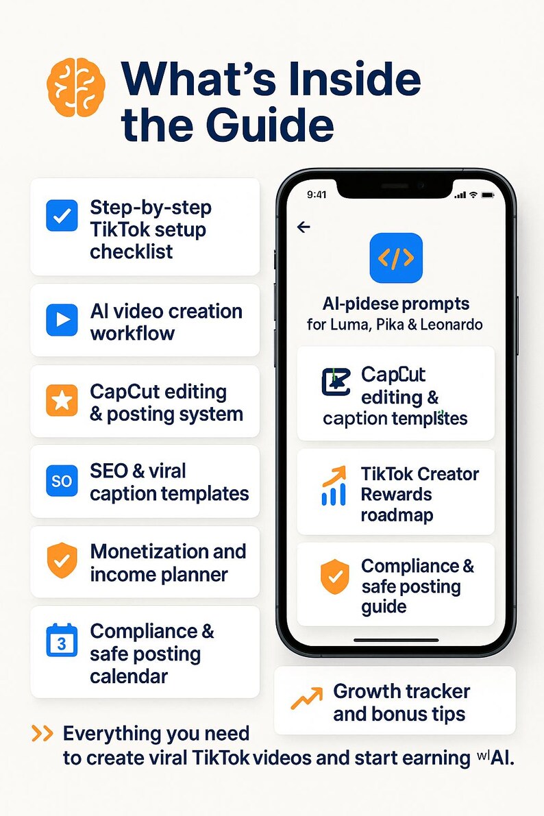 May include: A smartphone screen displays a guide with information on creating viral TikTok videos. The guide includes checklists, workflows, templates, and tips for monetization and compliance. The title is "What's Inside the Guide."