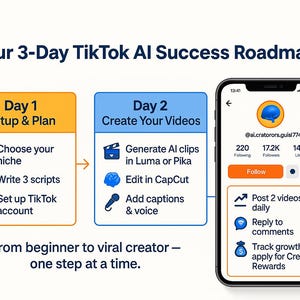 May include: A graphic illustrating a 3-day TikTok AI success roadmap. The image includes steps for setup, video creation, and account management, with a smartphone displaying a TikTok profile. Text includes "From beginner to viral creator - one step at a time."