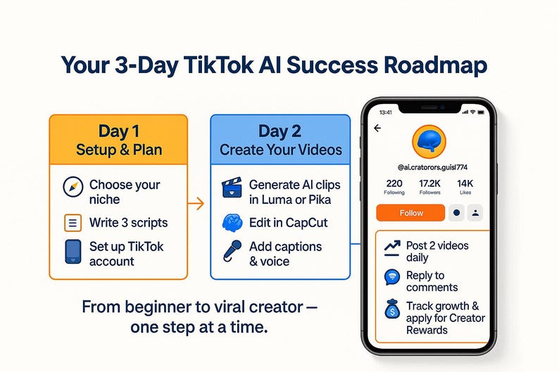 May include: A graphic illustrating a 3-day TikTok AI success roadmap. The image includes steps for setup, video creation, and account management, with a smartphone displaying a TikTok profile. Text includes "From beginner to viral creator - one step at a time."