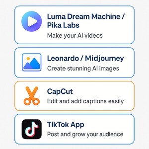 May include: A graphic with the title "Tools You'll Need to Create Viral AI Videos." It lists four tools: Luma Dream Machine/Pika Labs, Leonardo/Midjourney, CapCut, and TikTok App. The text states "No experience needed - all tools are free or beginner friendly!"