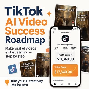 May include: An advertisement promoting a TikTok AI video success roadmap. The image features a smartphone displaying a TikTok profile with profit gains of $17,340.00. Additional visuals include video thumbnails with text like "Ancient Rome" and "Victorian London Streets."