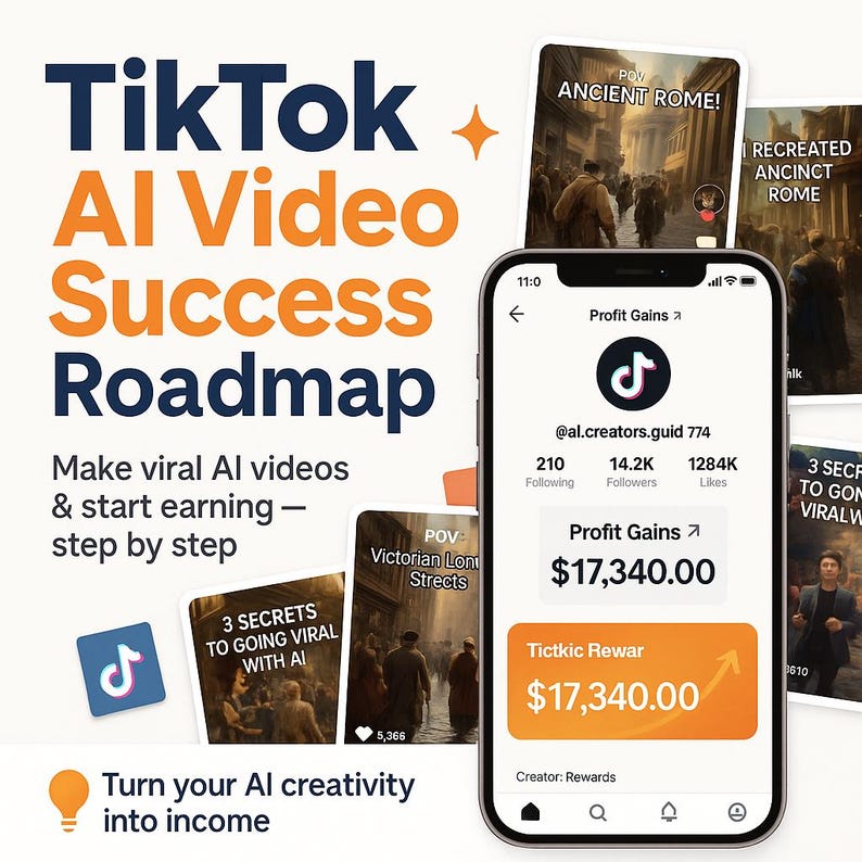 May include: An advertisement promoting a TikTok AI video success roadmap. The image features a smartphone displaying a TikTok profile with profit gains of $17,340.00. Additional visuals include video thumbnails with text like "Ancient Rome" and "Victorian London Streets."