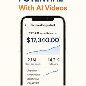 May include: A smartphone screen displays the text "YOUR INCOME POTENTIAL With AI Videos." The screen shows a TikTok Creator Rewards of $17,340.00, 2.1M views, and 14.2K followers. The text "Turn your AI creativity into real income" is also visible.