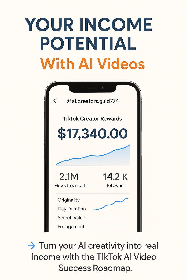 May include: A smartphone screen displays the text "YOUR INCOME POTENTIAL With AI Videos." The screen shows a TikTok Creator Rewards of $17,340.00, 2.1M views, and 14.2K followers. The text "Turn your AI creativity into real income" is also visible.