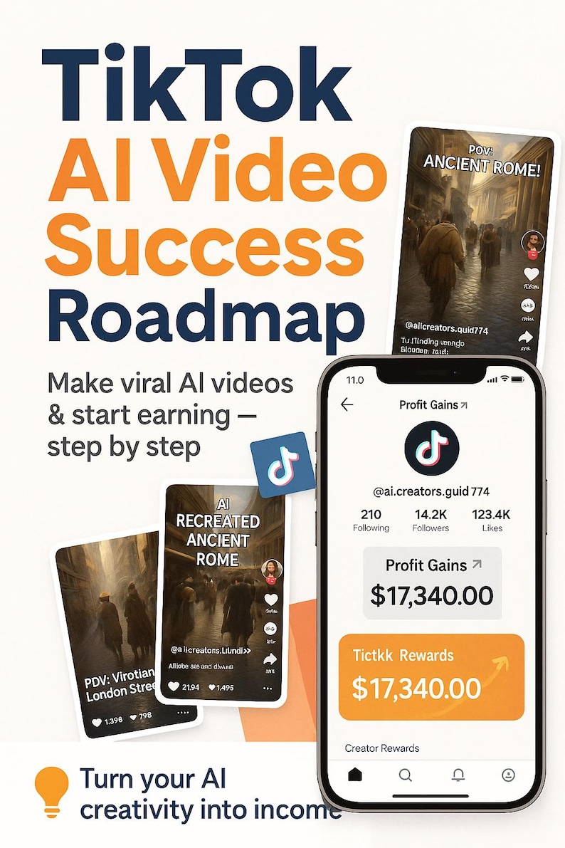 May include: A promotional graphic with the text "TikTok AI Video Success Roadmap." It includes mockups of TikTok videos with the text "AI RECREATED ANCIENT ROME" and a phone screen displaying profit gains and creator rewards.