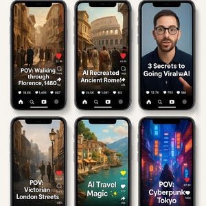 May include: A graphic showing six smartphones displaying cinematic TikTok video concepts. The phones feature scenes like Florence, ancient Rome, and cyberpunk Tokyo, with text overlays such as "POV" and "3 Secrets to Going Viral." The image includes the text "What Your Viral Videos Could Look Like!"