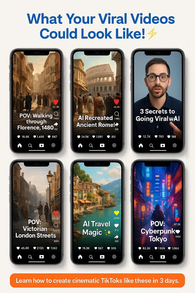 May include: A graphic showing six smartphones displaying cinematic TikTok video concepts. The phones feature scenes like Florence, ancient Rome, and cyberpunk Tokyo, with text overlays such as "POV" and "3 Secrets to Going Viral." The image includes the text "What Your Viral Videos Could Look Like!"