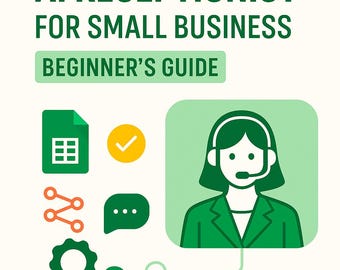 May include: An illustration with the text "AI Receptionist for Small Business" and "Beginner's Guide." The image features icons of a spreadsheet, a checkmark, a speech bubble, and a person wearing a headset.