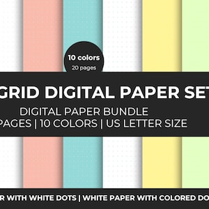 May include: A digital paper set with a variety of pastel colors, including pink, blue, and yellow. The set includes 20 pages in 10 colors with dot grid patterns. The paper is US Letter size. The text on the image says "DOT GRID DIGITAL PAPER SET".