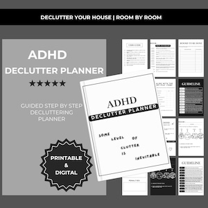 Puede incluir: Planificador de orden ADHD con un plan de orden paso a paso guiado. La portada dice "ADHD Declutter Planner" y "Some level of clutter is inevitable." El planificador es imprimible y digital.