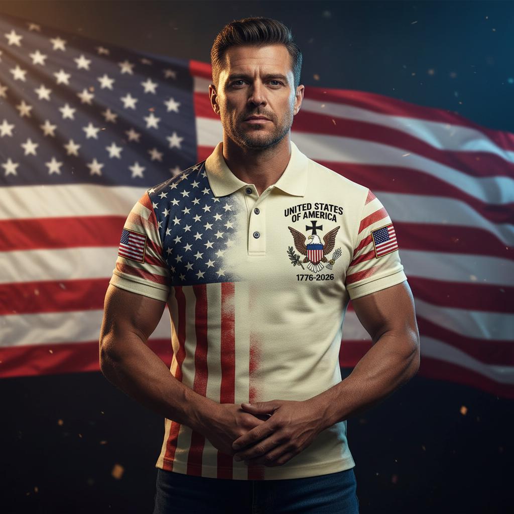 Discover USA 1776-2026 Patriotic Polo, United States Eagle Shirt, American Flag Polo, Independence Anniversary Shirt, 250TH Anniversary