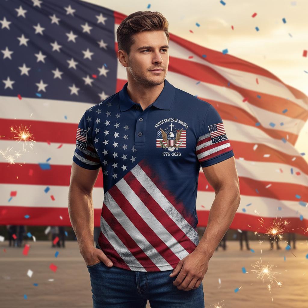 Discover 250TH Years Flag Polo Shirt, USA 1776-2026 Patriotic Polo, United States of America Eagle Shirt, American Polo, Independence Anniversary