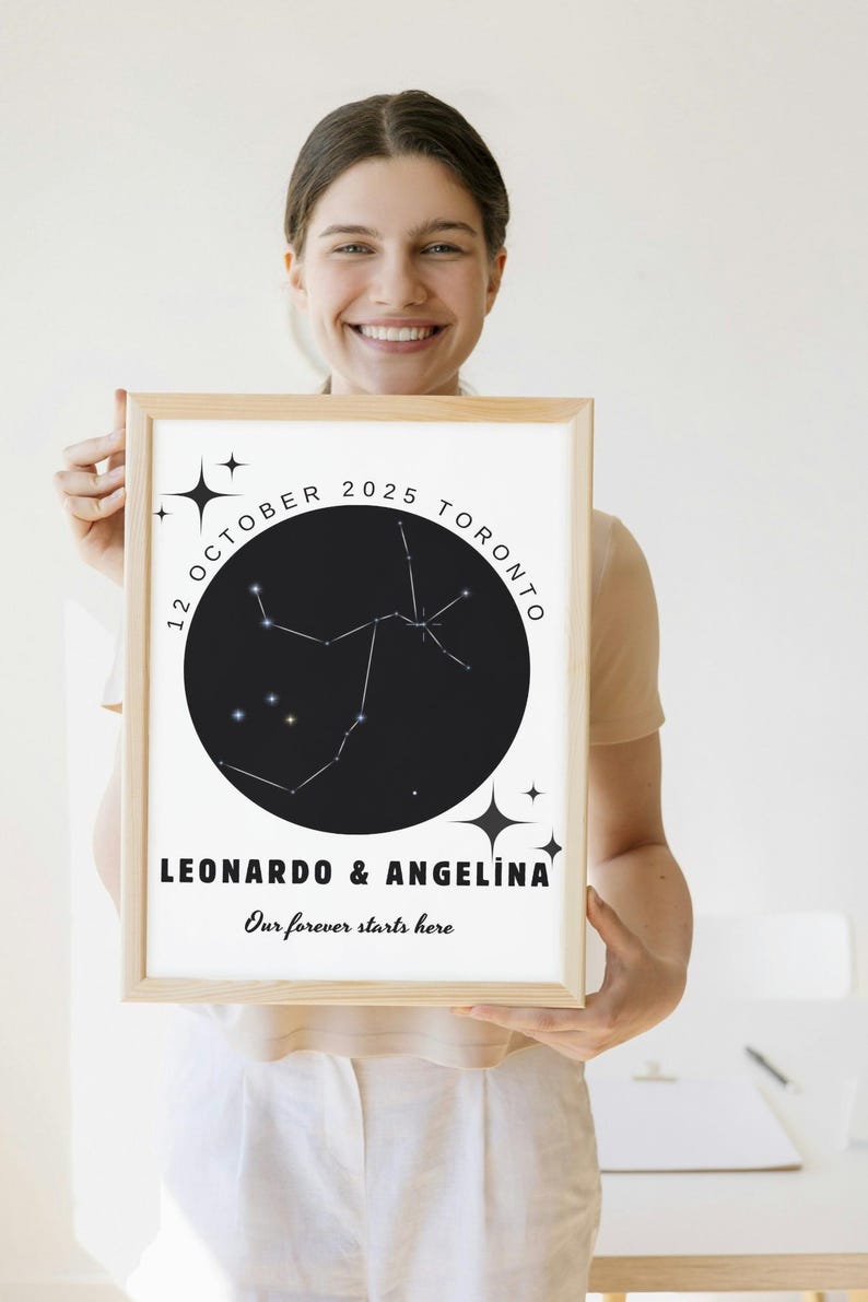 May include: A framed print featuring a black circle with a constellation design, the date "12 OCTOBER 2025 TORONTO," and the names "LEONARDO & ANGELINA." The text "Our forever starts here" is also included. The frame is made of light-colored wood.