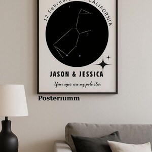 May include: A framed print featuring a black circle with a constellation design, the date "12 February 2025 California", and the names "Jason & Jessica". The text "Your eyes are my pole star" is below the names. The word "Posteriumm" is at the bottom.