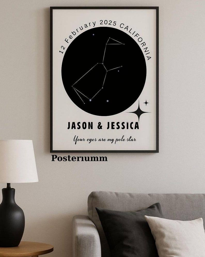 May include: A framed print featuring a black circle with a constellation design, the date "12 February 2025 California", and the names "Jason & Jessica". The text "Your eyes are my pole star" is below the names. The word "Posteriumm" is at the bottom.