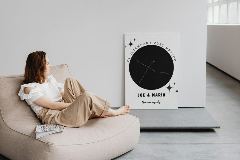 May include: A white canvas print with a black circle and star constellation design. The print includes the text "24 January 2035 Mexico" and "JOE & MAR&Iacute;A You are my sky". The print is displayed indoors.