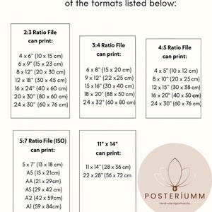 May include: Image showing various print sizes for digital art files, including 4x6 inches, 8x10 inches, and 11x14 inches. The text indicates the files are 300dpi JPGs and can be used for printing. The logo for POSTERIUMM is also visible.