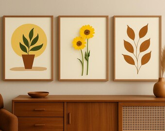 Botanical Print Set of 3: Minimalist Brown & Yellow Flower Art (PDF Download