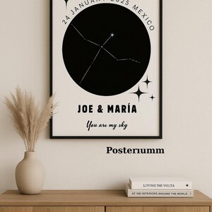 May include: A framed print with a black and white design. The print features a black circle with a constellation, the text "24 JANUARY 2025 MEXICO", and the names "JOE & MAR&Iacute;A". The phrase "You are my sky" is also included.