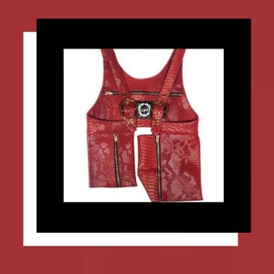 May include: Red snakeskin-effect vest with gold-coloured hardware, including zips and buckles. The vest has two front pockets with zips and adjustable straps. A small patch is centered on the chest.