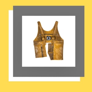 May include: A tan snakeskin-patterned vest with a distinctive design. The vest has a front zip, adjustable straps, and a small circular patch. It's shown against a white backdrop, a grey border, and a yellow background.
