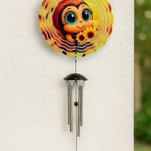 Wind Spinner Chimes - 24&quot; Outdoor Metal Garden Decor - Sunflower Bee or Owl Design, 3D Spinner with Chimes, Patio/Yard Art Gift