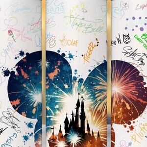 May include: A white tumbler with a vibrant design of fireworks, a castle silhouette, and character signatures. The design incorporates blue, orange, and purple colours, with gold accents. This tumbler is a fun and decorative item.