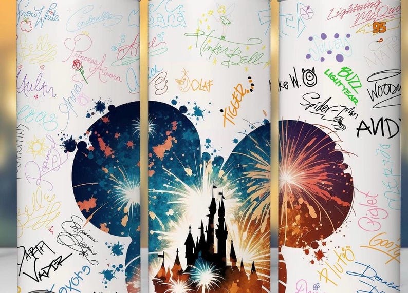 May include: A white tumbler with a vibrant design of fireworks, a castle silhouette, and character signatures. The design incorporates blue, orange, and purple colours, with gold accents. This tumbler is a fun and decorative item.