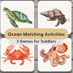 Puede incluir: Actividades de emparejamiento con temática oceánica para niños pequeños. La imagen muestra cuatro tarjetas con ilustraciones de acuarela de una tortuga marina, un cangrejo ermitaño, un cangrejo y un pulpo. El texto dice "Ocean Matching Activities" y "3 Games for Toddlers."