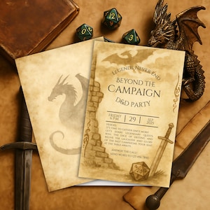 May include: Two parchment-style invitations for a D&D party, featuring a dragon silhouette and the text "Legends Never End Beyond the Campaign." Includes a sword, dice, and a dragon figurine. The date is Friday, September 29, 2025.