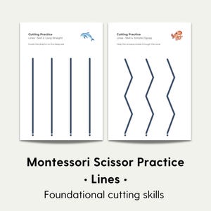 Puede incluir: Dos hojas blancas de práctica de tijeras Montessori con líneas negras para practicar el corte. Una hoja tiene líneas rectas, la otra tiene zigzags. El texto dice "Montessori Scissor Practice • Lines • Foundational cutting skills."