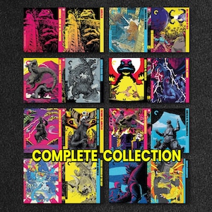 Peut inclure: Une collection de huit boîtiers Blu-ray de films Godzilla disposés sur deux rangées, présentant des couvertures graphiques stylisées aux couleurs vives et le texte COMPLETE COLLECTION centré au bas de l'affichage de l'image.