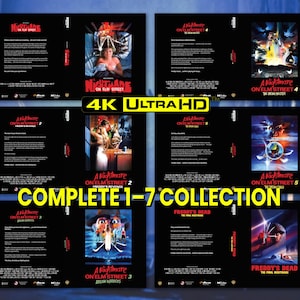 May include: A collection of seven "A Nightmare on Elm Street" movie covers, displayed on a dark background. The covers feature various movie posters with text and imagery, including the text "4K ULTRA HD" and "COMPLETE 1-7 COLLECTION".