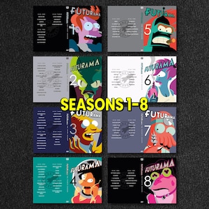 Puede incluir: Una colección de ocho estuches de DVD de Futurama etiquetados como temporadas 1-8, con coloridas ilustraciones de personajes como Fry, Bender, Leela, Zoidberg y otros. Cada estuche muestra el logotipo de Futurama, el número de temporada y una lista de episodios.
