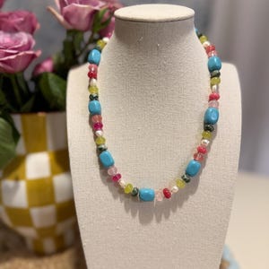 Colorful Beaded Necklace: Glass, Gemstone & Freshwater Pearl - 18k Gold Clasp