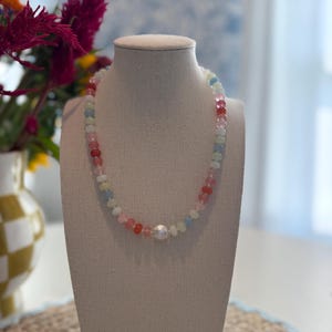 Colorful Beaded Necklace: Glass, Gemstone & Freshwater Pearl - 18k Gold Clasp