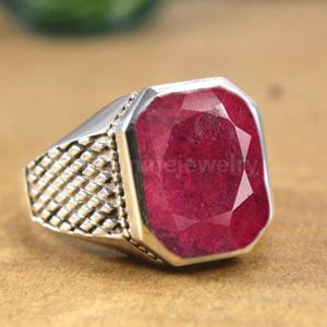 Solid 925 Sterling Silver Ring, Signet Men's Ring, Natural Ruby Corundum Men's Ring, Handmade Ring, AA Ruby Birthstone Ring, Birthday Ring,